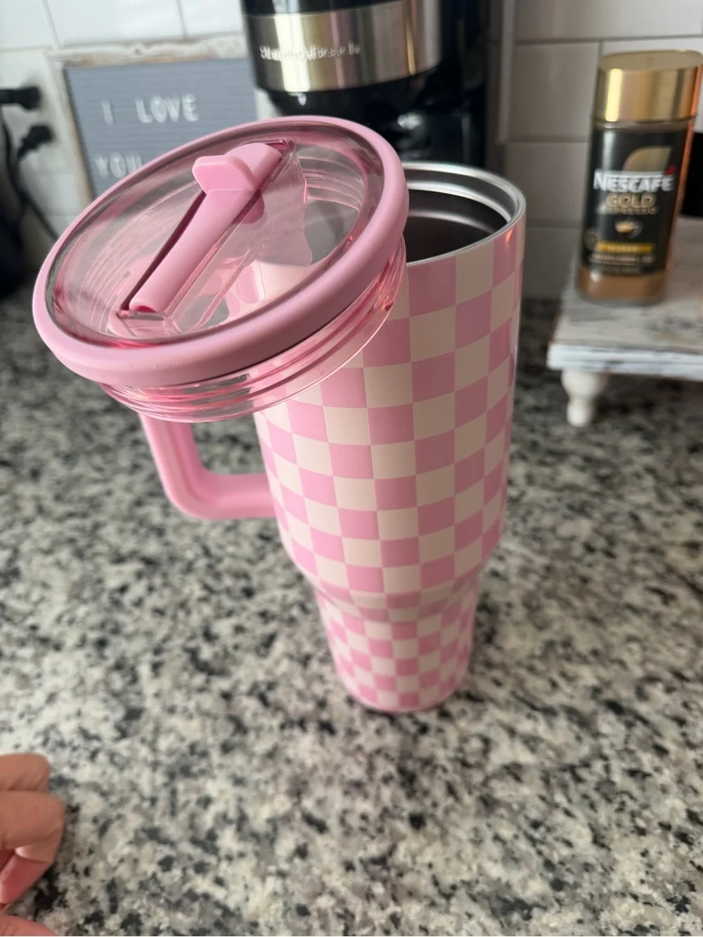 HydroJug Pink & White Checkered Insulated Travel Mug with Handle